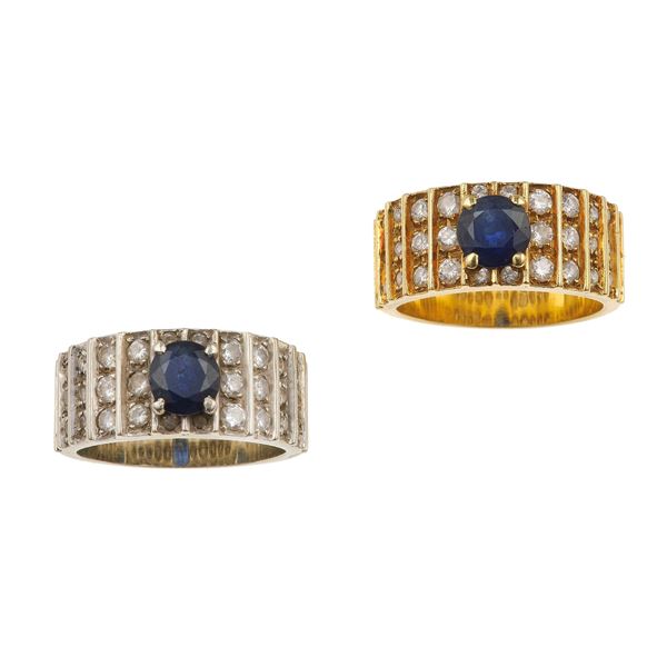 Two sapphire, diamond and gold rings