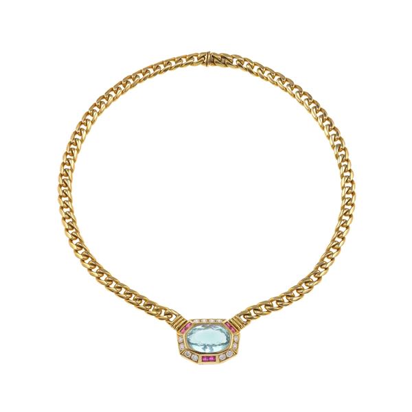 Aquamarine, diamond, ruby and gold necklace. Signed Bulgari