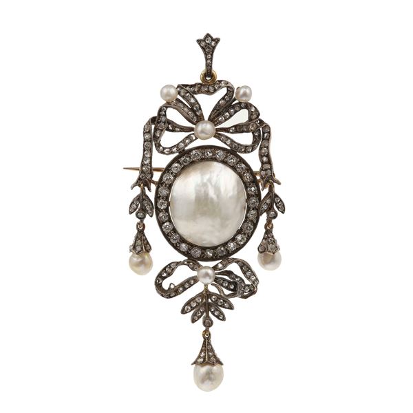 Mabè pearl, diamond, gold and silver pendant/brooch