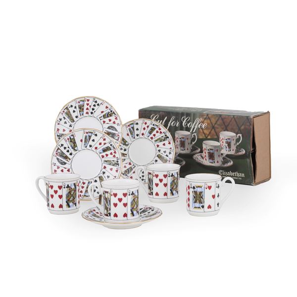 Set elisabettiano di quattro tazze e piattini di demitasse in porcellana fine Staffordshire, entro scatola originale
