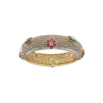 Bracciale Rigido con Pavè di Diamanti, Smeraldi, Rubini e Zaffiri