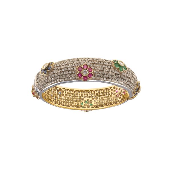 Diamond, emerald, ruby, sapphire and gold and silver bangle bracelet