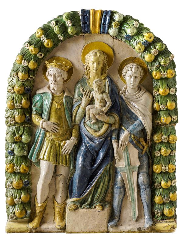 Santi di Michele detto Santi Buglioni (Firenze 1494 – 1576). Arte rinascimentale, Firenze 1540 - 1550 Ancona raffigurante Madonna con Bambino, San Luigi e San Giorgio