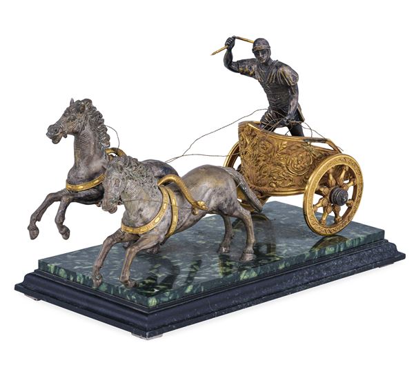 Biga romana in bronzo dorato, argentato e cesellato. Italia XIX secolo