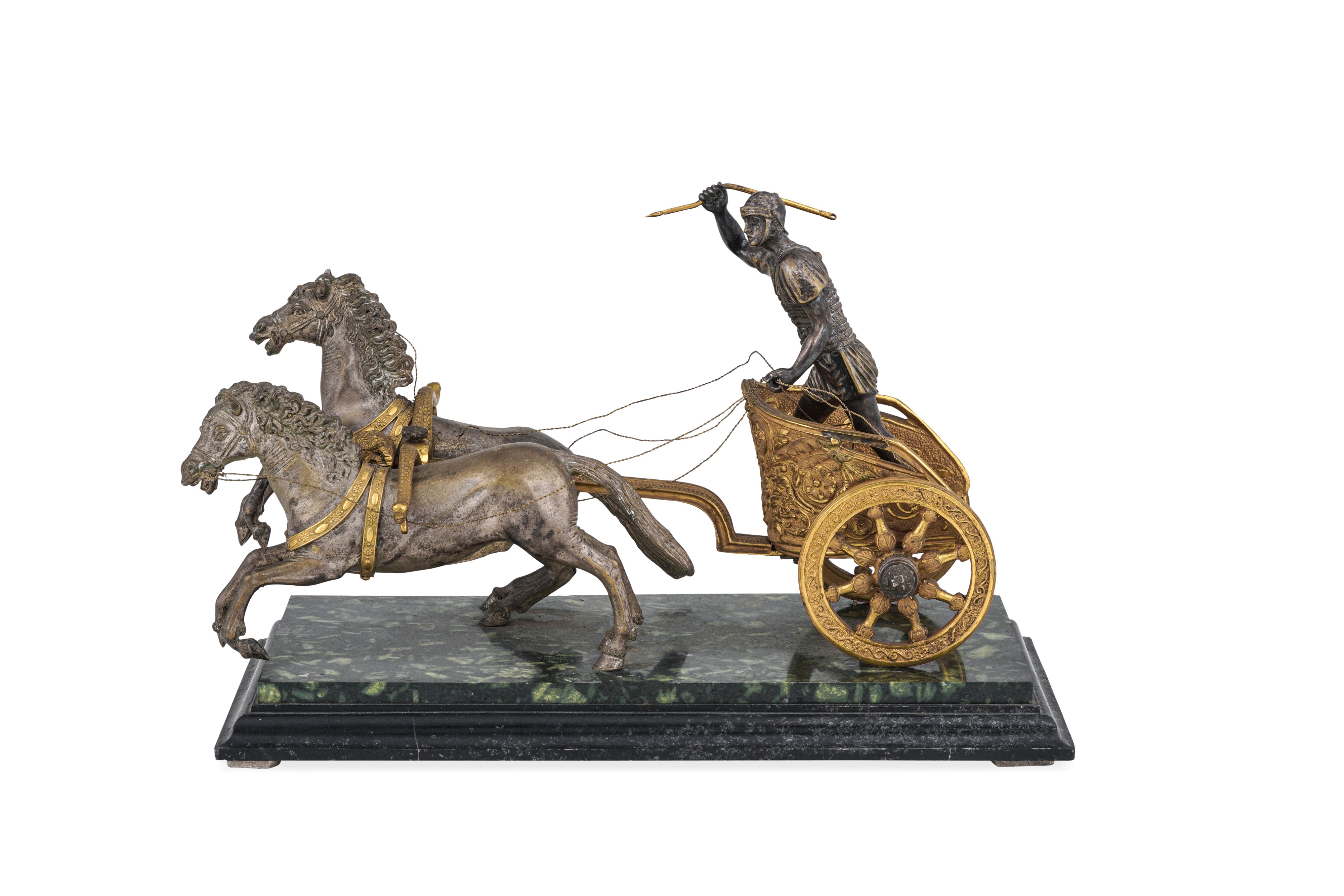 Biga Romana in Bronzo Dorato, Argentato e Cesellato. Italia XIX Secolo
