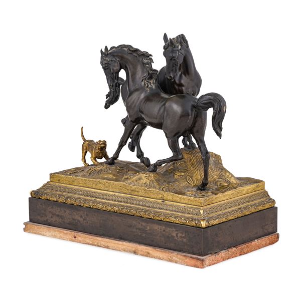 Gruppo con cavalli e cane. Da un modello di Pierre-Jules Mène, Francia seconda metà del XIX secolo