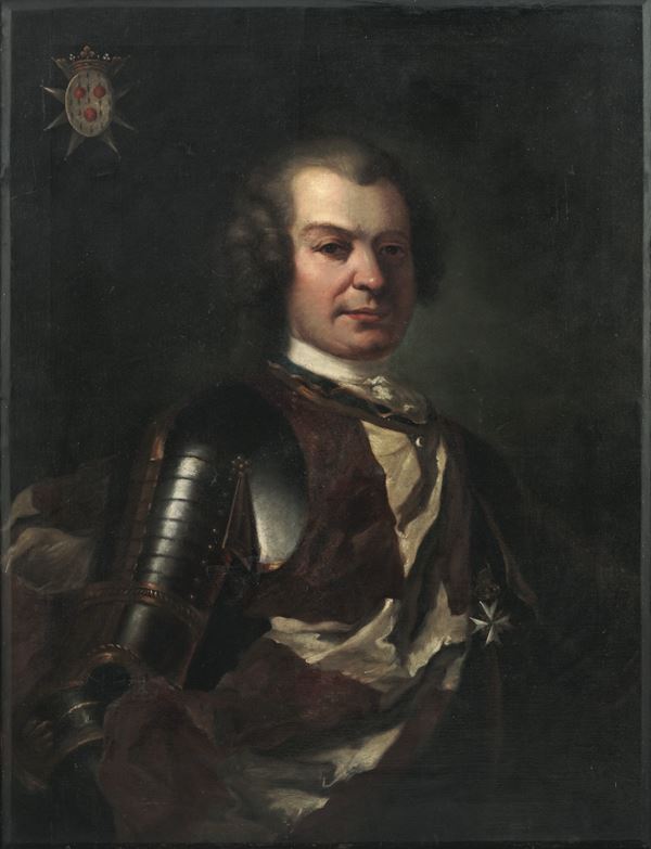 Scuola del XX secolo Ritratto di gentiluomo in armatura con stemma