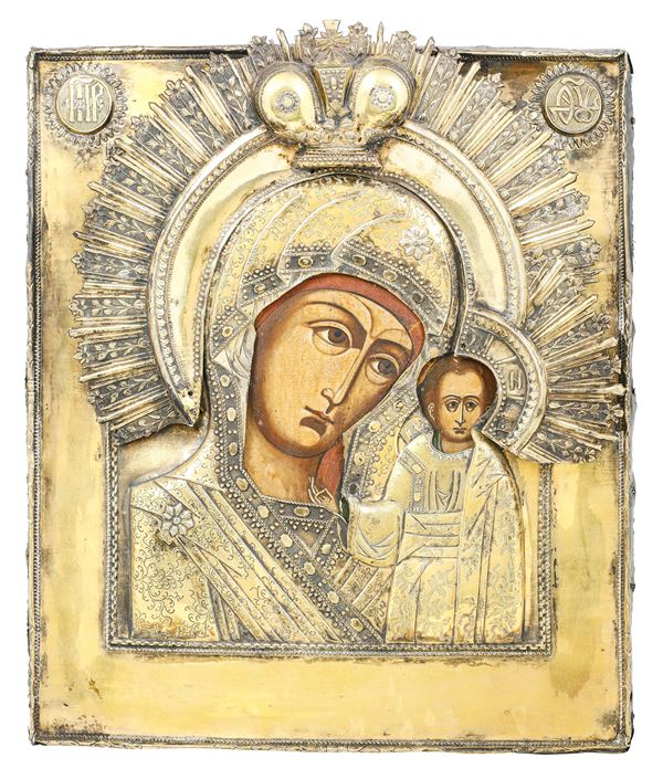 Riza in argento fuso, sbalzato, cesellato e dorato. Russia (città di Galic?) 1775. Marchi del saggiatore e dell'argentiere (non identificati) Deipara di Kazan