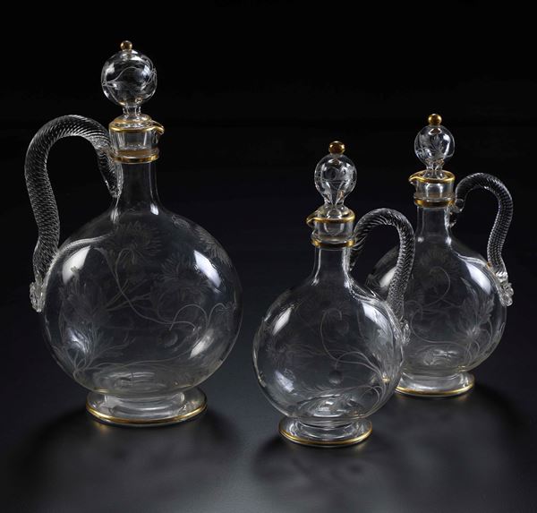 Tre bottiglie. Probabilmente Murano, primi del XX secolo.