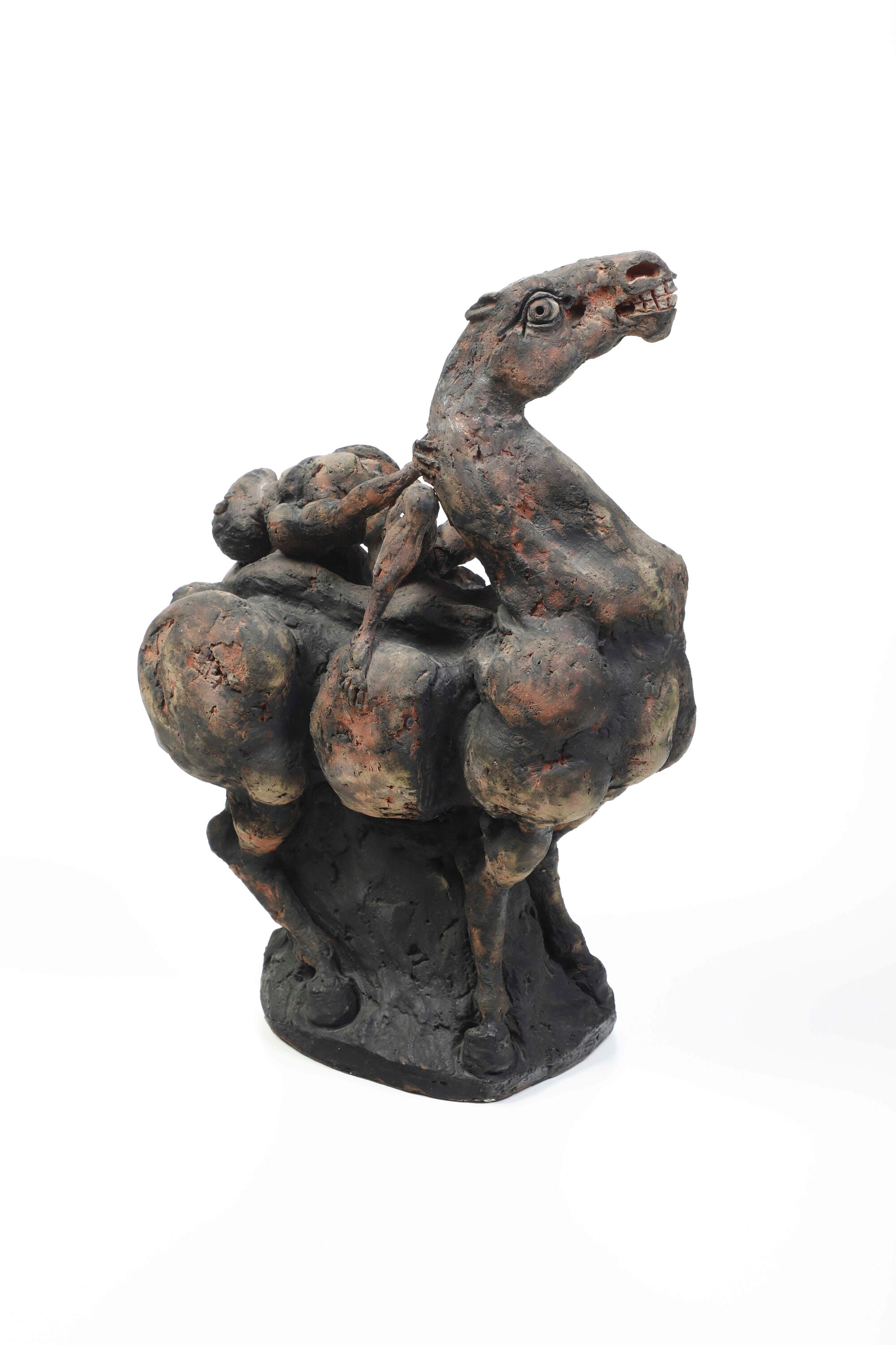 Agenore Fabbri - Cavallo e cavaliere, scultura in terracotta patinata