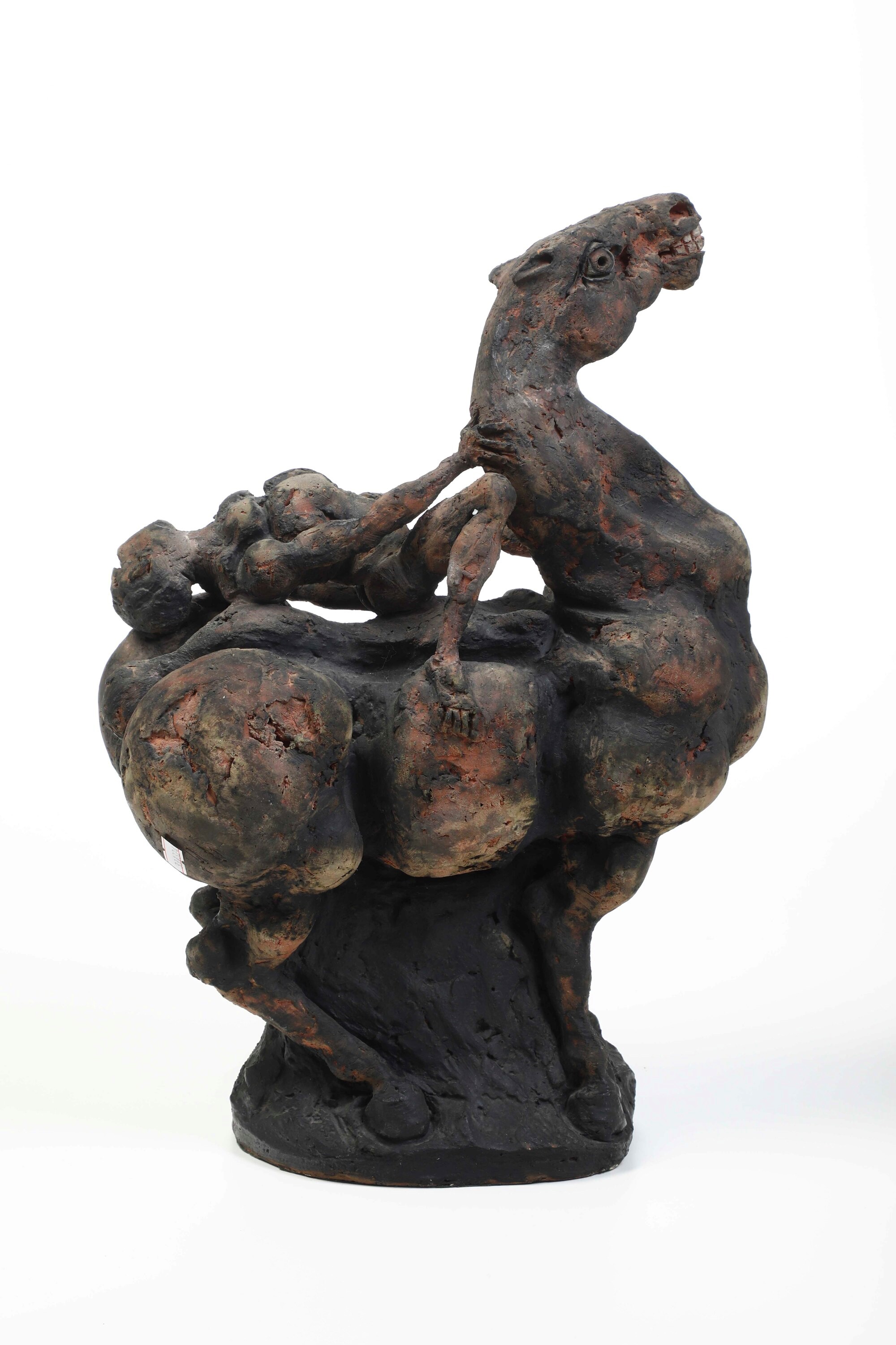 Agenore Fabbri - Cavallo e cavaliere, scultura in terracotta patinata
