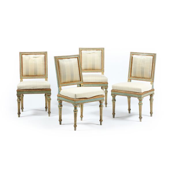 Quattro sedie Luigi XVI in legno laccato e dorato. XVIII secolo