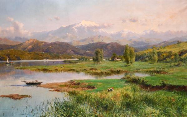 Paesaggio con montagne, lago e figurine