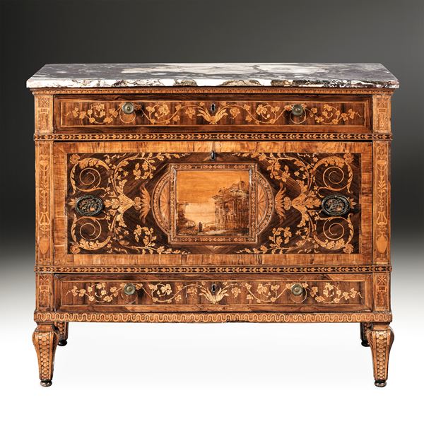 Cassettone intarsiato. Attribuito a Gaetano Renoldi, Genova, ultimo decennio del XVIII secolo