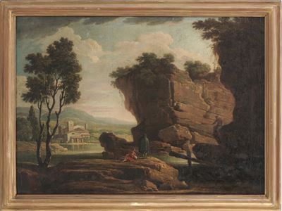 Scuola del XVIII secolo, Paesaggio fluviale con contadino e viandante, olio su tela
