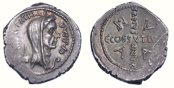 GIULIO CESARE, 100-44 a.C. C. Iulius Caesar e C. Cossutius Maridianus. Denario, anno 44.