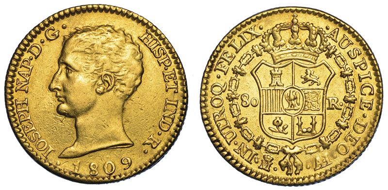 SPAGNA. GIUSEPPE NAPOLEONE, 1808-1814. 80 Reales 1809. Madrid.  - Auction Numismatics - I - Cambi Casa d'Aste