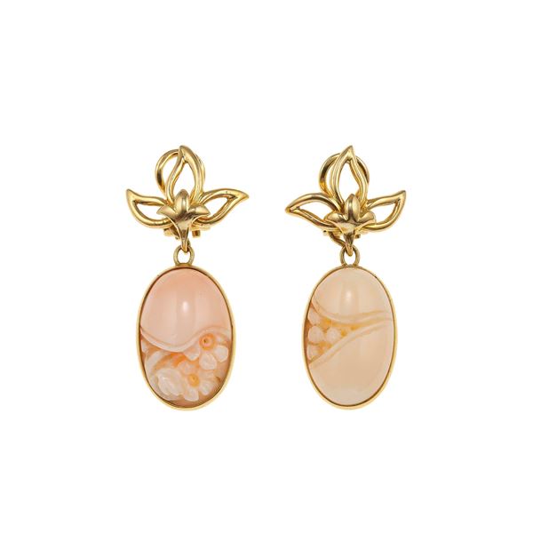 Pair of carved coral and gold earrings