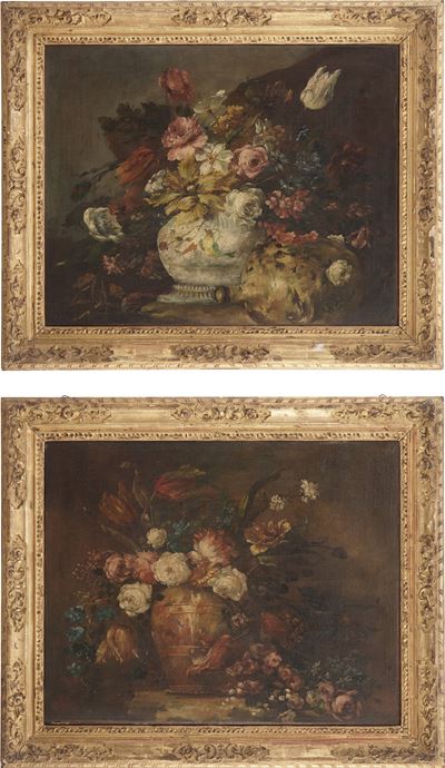Scuola del XIX secolo, Nature morte con vasi di fiori, olio su tela