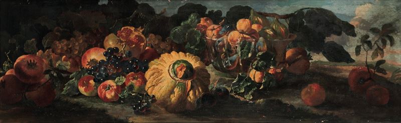 Giovanni Paolo Castelli detto Lo Spadino : Natura morta con zucca, uva, melograni, fichi e coppa in vetro  - olio su tela - Asta Old Masters - II - Cambi Casa d'Aste