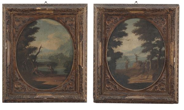 Scuola del XVIII secolo Paesaggi fluviali con figure