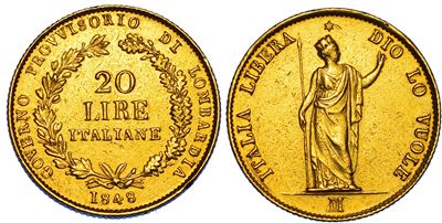 Milano. Governo Provvisorio di Lombardia, 1848. 20 Lire 1848.