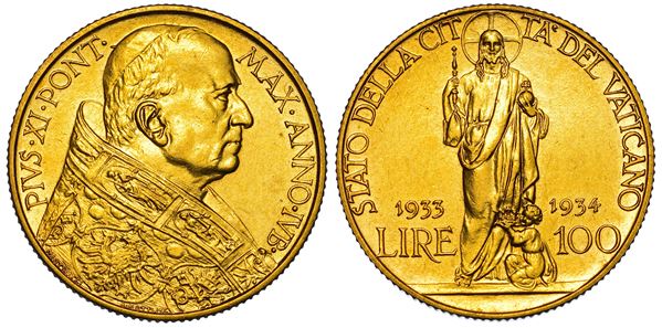 VATICANO. PIO XI, 1922-1939. 100 Lire 1933-1934.