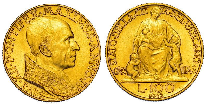VATICANO. PIO XII, 1939-1958. 100 Lire 1942/A. IV.  - Auction Numismatics - I - Cambi Casa d'Aste
