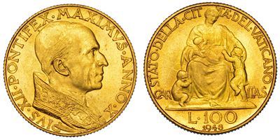Vaticano. Pio XII, 1939-1958. 100 Lire 1948/a. X.
