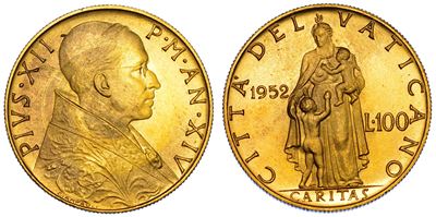 Vaticano. Pio XII, 1939-1958. 100 Lire 1952/a. XIV.