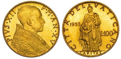 Vaticano. Pio XII, 1939-1958. 100 Lire 1953/a. XV.