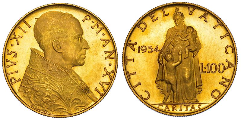 VATICANO. PIO XII, 1939-1958. 100 Lire 1954/A XVI.  - Auction Numismatics - I - Cambi Casa d'Aste