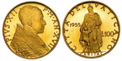 Vaticano. Pio XII, 1939-1958. 100 Lire 1955/a. XVII.