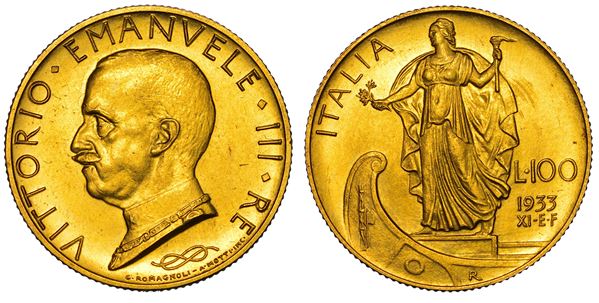 REGNO D'ITALIA. VITTORIO EMANUELE III DI SAVOIA, 1900-1946. 100 lire 1933/A. XI. Italia su prora.
