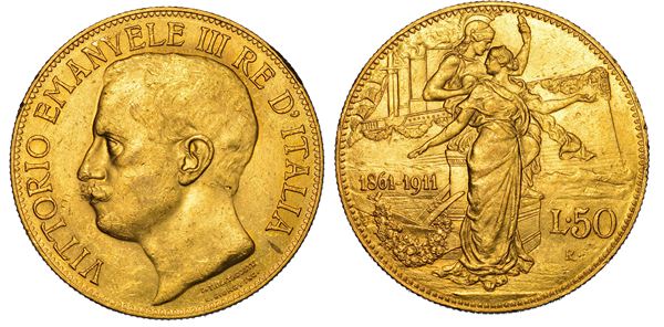 REGNO D'ITALIA. VITTORIO EMANUELE III DI SAVOIA, 1900-1946. 50 Lire 1911. Cinquantenario.