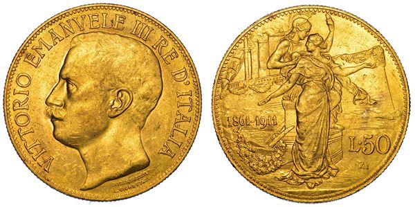 REGNO D'ITALIA. VITTORIO EMANUELE III DI SAVOIA, 1900-1946. 50 Lire 1911. Cinquantenario.