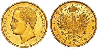 Regno D'italia. Vittorio Emanuele III di Savoia, 1900-1946. 20 Lire 1903. Aquila.
