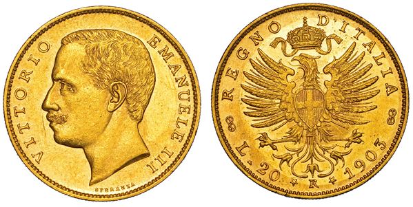 REGNO D'ITALIA. VITTORIO EMANUELE III DI SAVOIA, 1900-1946. 20 Lire 1903. Aquila.
