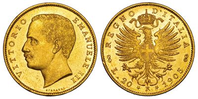 Regno D'italia. Vittorio Emanuele III di Savoia, 1900-1946. 20 Lire 1905. Aquila.