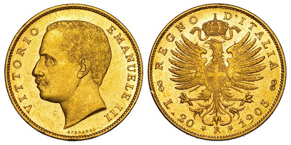 REGNO D'ITALIA. VITTORIO EMANUELE III DI SAVOIA, 1900-1946. 20 Lire 1905. Aquila.