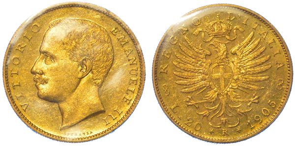 REGNO D'ITALIA. VITTORIO EMANUELE III DI SAVOIA, 1900-1946. 20 Lire 1905. Aquila.