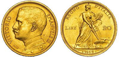 Regno D'italia. Vittorio Emanuele III di Savoia, 1900-1946. 20 Lire 1912. Aratrice.