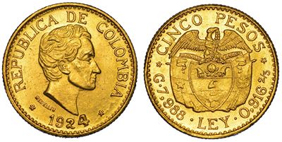 Colombia. Republic. 5 Pesos 1924. Medellin.