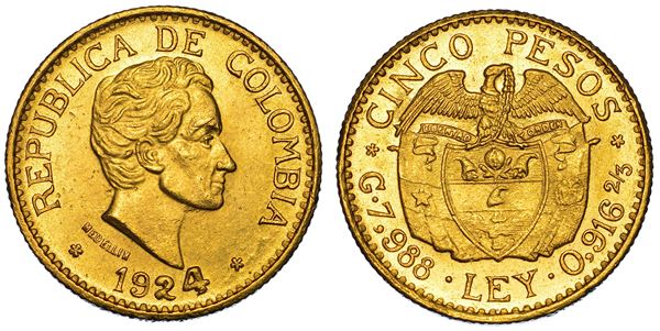 COLOMBIA. REPUBLIC. 5 Pesos 1924. Medellin.