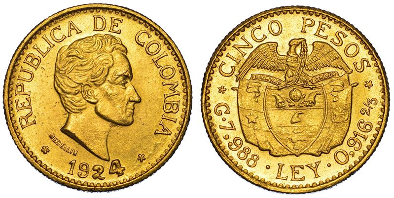 COLOMBIA. REPUBLIC. 5 Pesos 1924. Medellin.  - Asta Numismatica - I - Cambi Casa d'Aste