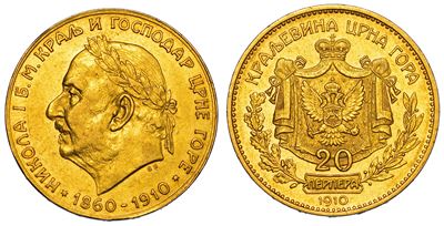 Montenegro. Nicolaus I, 1860-1918. 20 Perpera 1910.