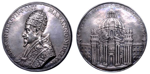 STATO PONTIFICIO. ALESSANDRO VII (Fabio Chigi), 1655-1667. Medaglia in argento 1662. Ricostruzione della chiesa di Santa Maria in Campitelli.