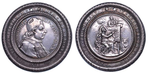 STATO PONTIFICIO. BENEDETTO XIV (Prospero Lorenzo Lambertini), 1740-1758. Medaglia in argento 1754. Medaglia premio in argento per l'Accademia di San Luca.