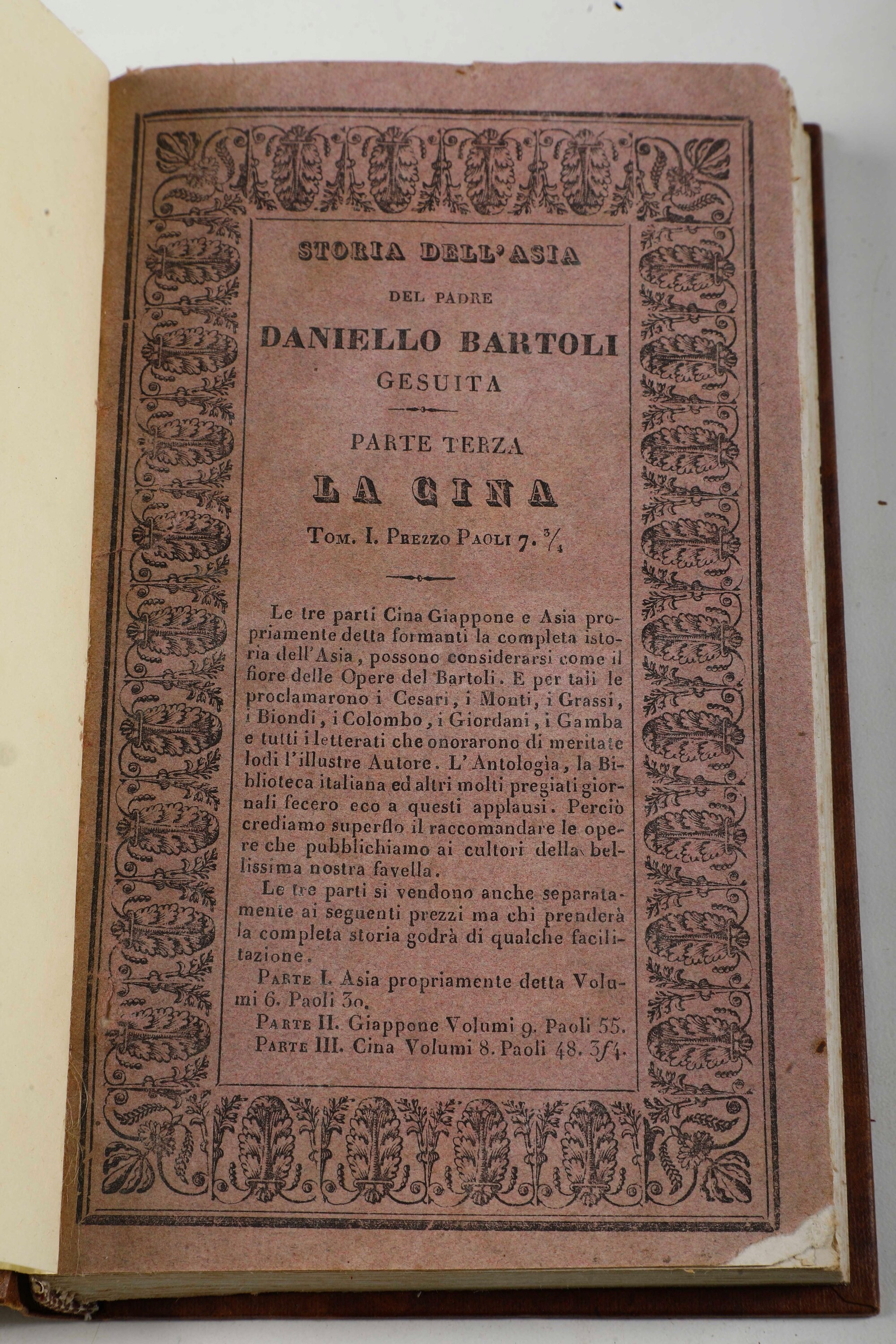 Bartoli, Daniello, La Cina. Parte terza della Storia dell'Asia, Firenze, Birindelli, 1832