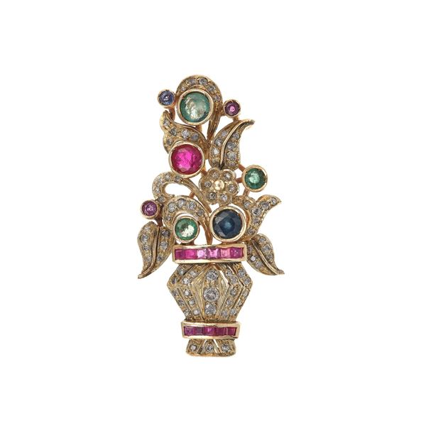 Spilla con diamanti, smeraldi, zaffiri e rubini